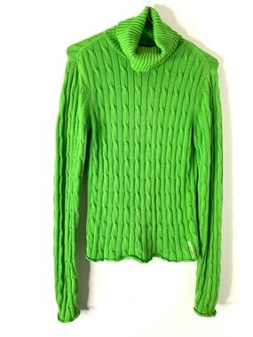 Polo Jeans Co. Ralph Lauren Lime Green Cable Knit Turtleneck Sweater Y2K Ribbed